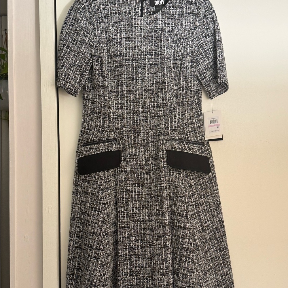 DKNY Black and White Textured Midi Dress